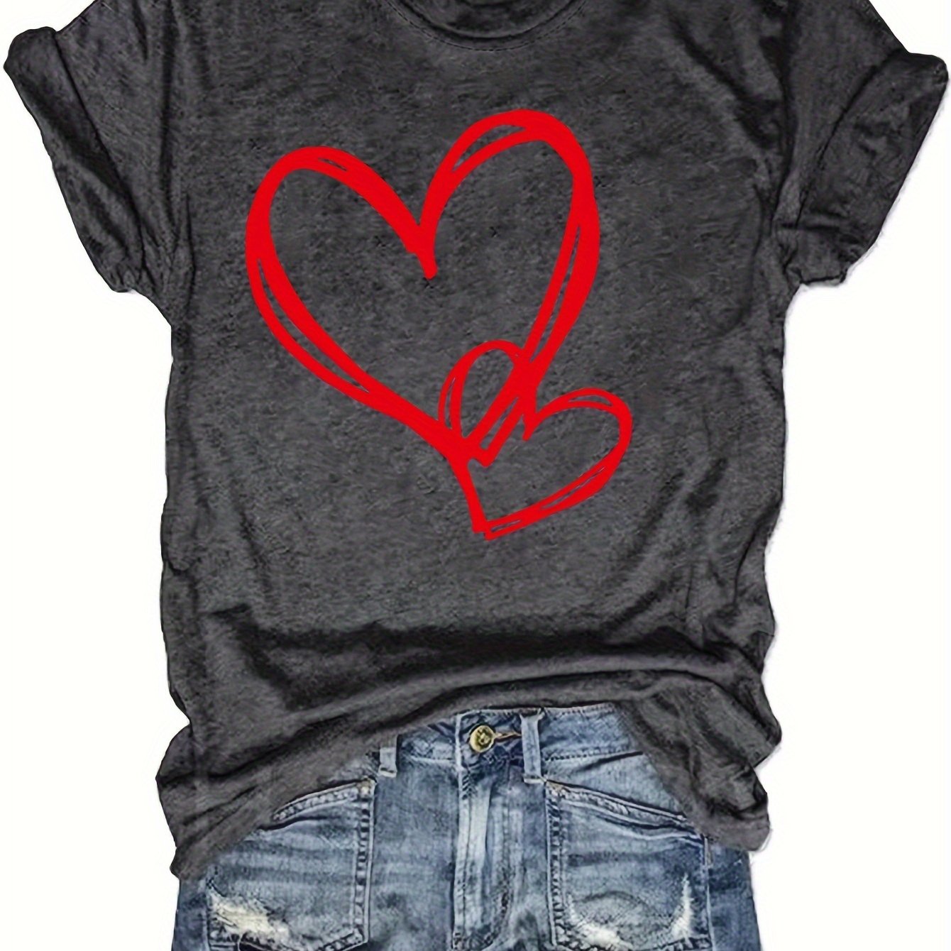 Heart Print Crew Neck T-shirt, Casual Short Sleeve Top For Spring & Fall, Women's Clothing