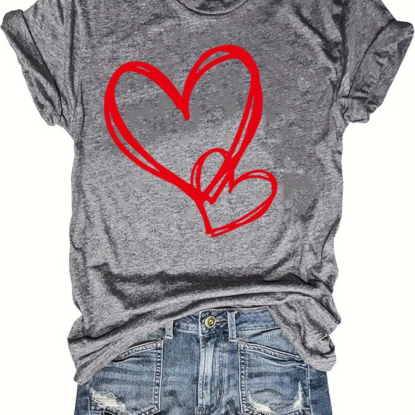 Heart Print Crew Neck T-shirt, Casual Short Sleeve Top For Spring & Fall, Women's Clothing