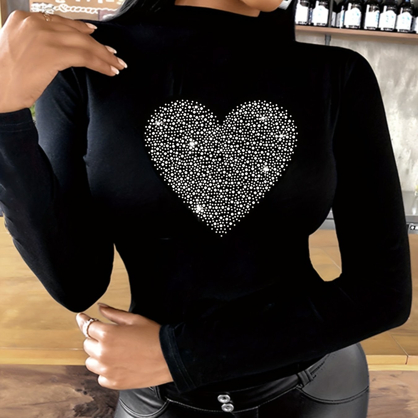 Rhinestone Heart Pattern T-shirt, Casual Mock Neck Long Sleeve T-shirt, Women's Clothing