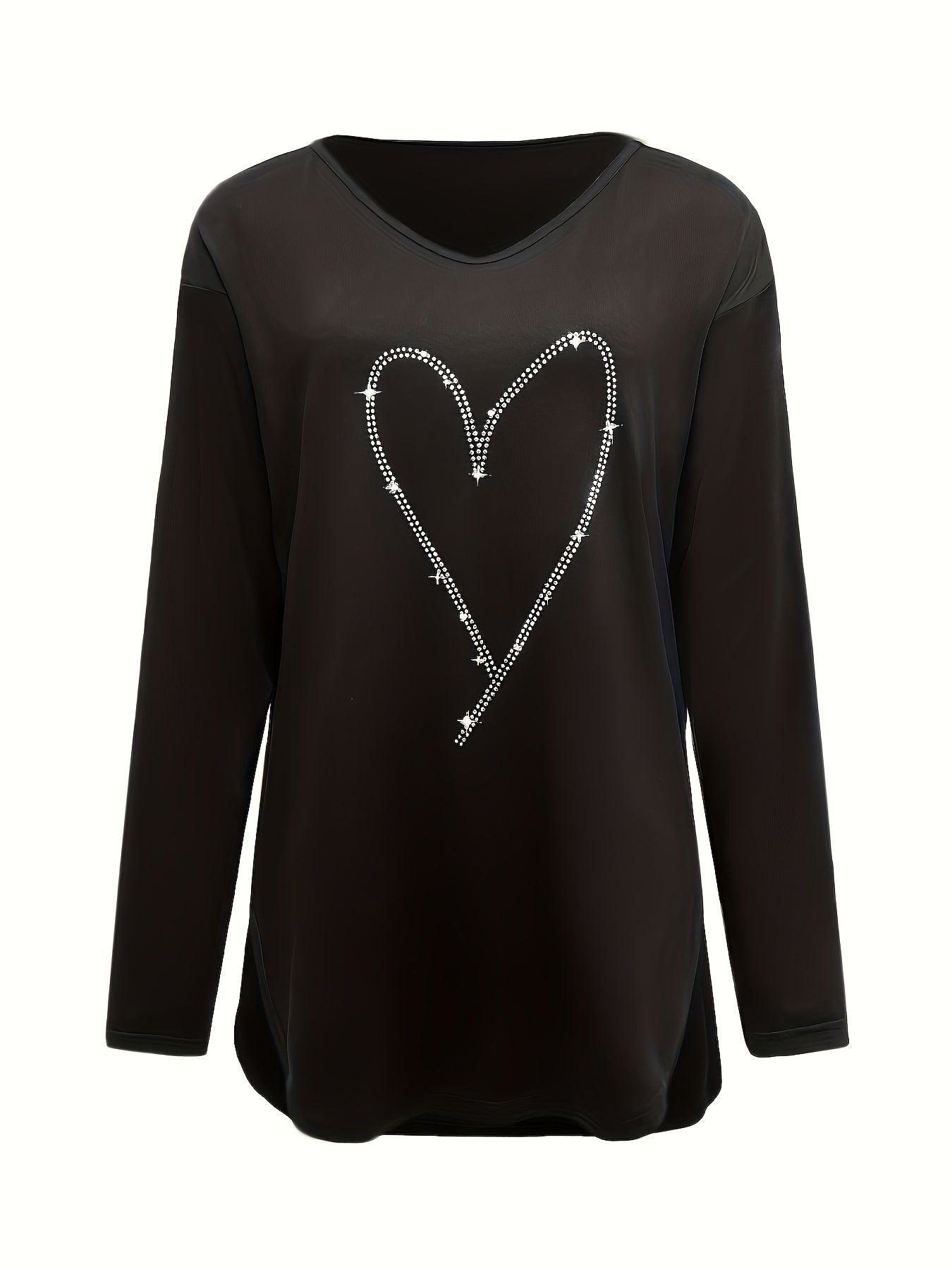 Rhinestone Heart Pattern V Neck T-Shirt, Casual Long Sleeve T-Shirt For Spring & Fall, Women's Clothing